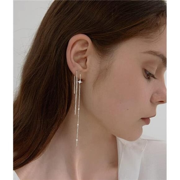 925 Sterling Silver Earrings Star Long Dangle Chain for Women Teens Line Dangle - Picture 1 of 7